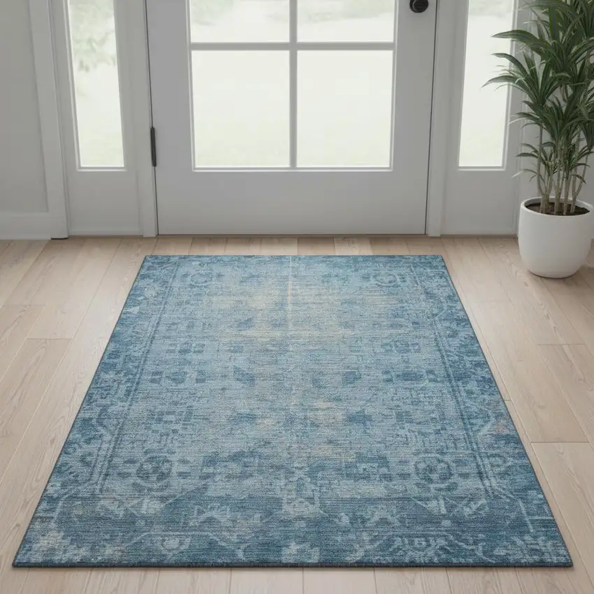 Blue And Silver Oriental Washable Area Rug With UV Protection Photo 2