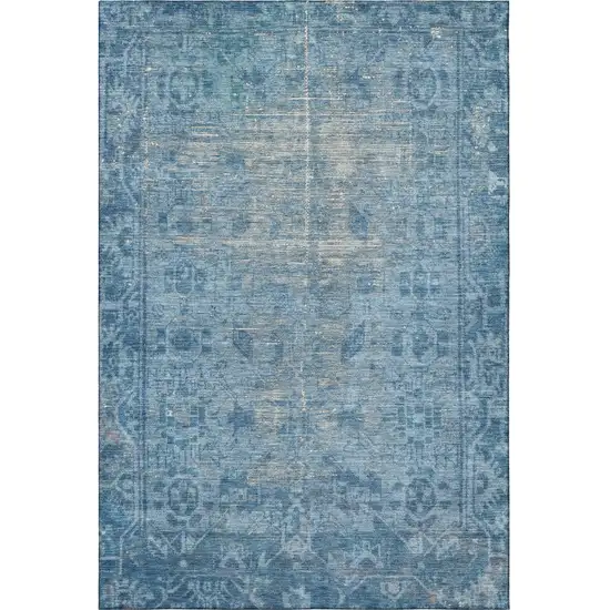 Blue And Silver Oriental Washable Area Rug With UV Protection Photo 2
