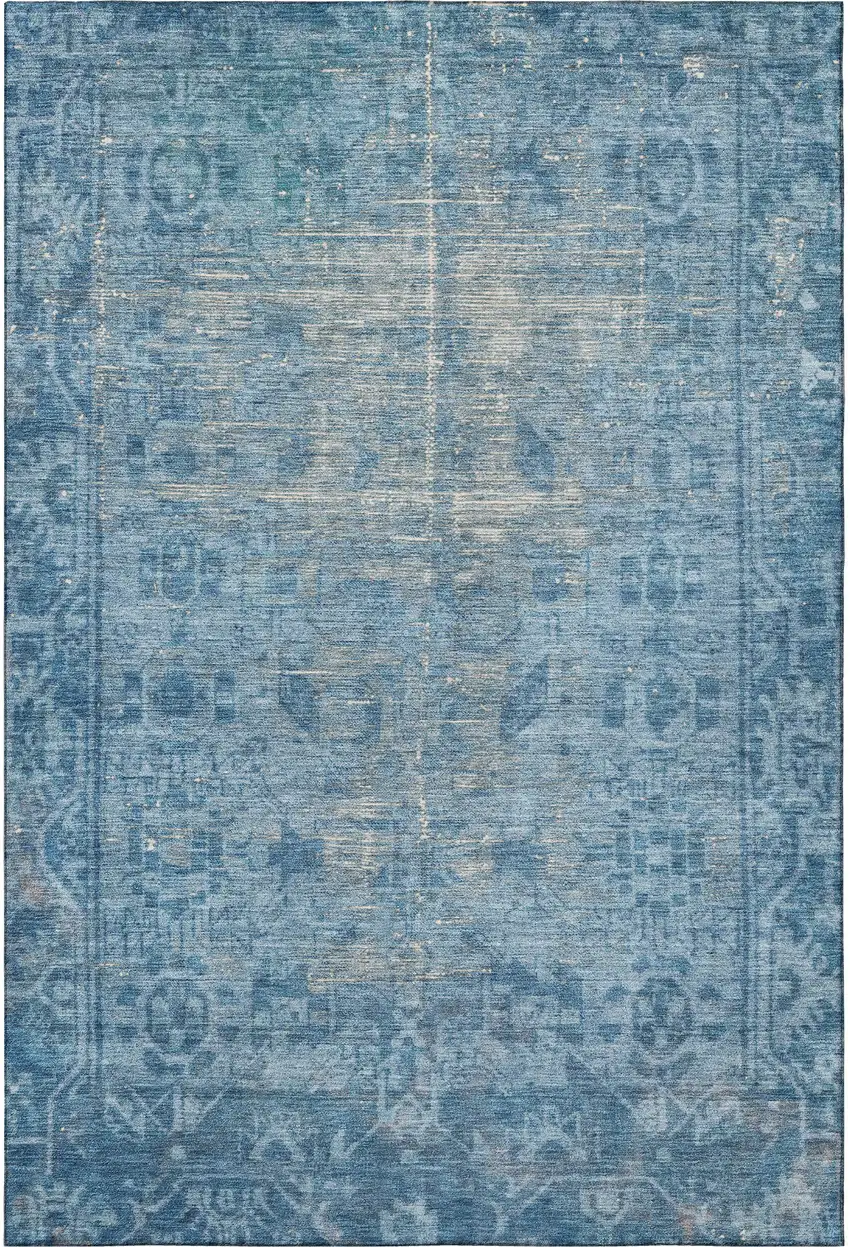 Blue And Silver Oriental Washable Area Rug With UV Protection Photo 2