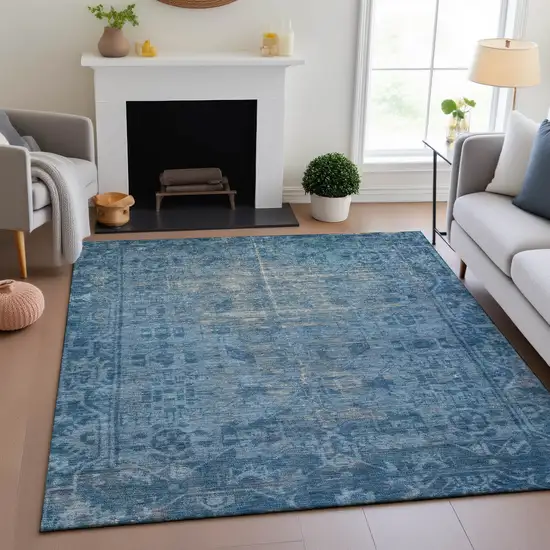 Blue And Silver Oriental Washable Area Rug With UV Protection Photo 3