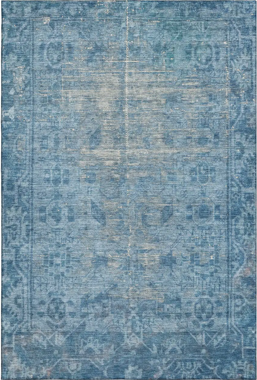 Blue And Silver Oriental Washable Area Rug With UV Protection Photo 1