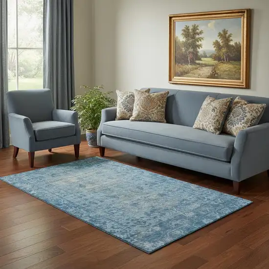 Blue And Silver Oriental Washable Area Rug With UV Protection Photo 2