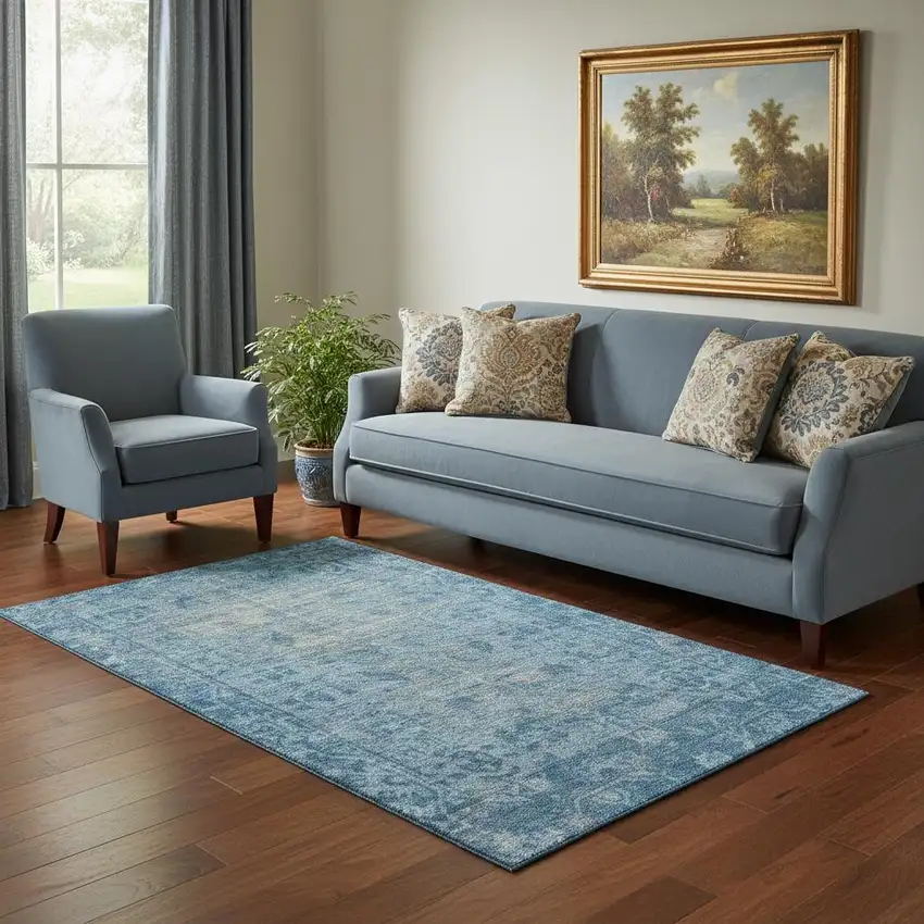 Blue And Silver Oriental Washable Area Rug With UV Protection Photo 2