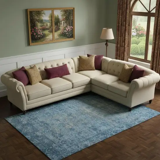 Blue And Silver Oriental Washable Area Rug With UV Protection Photo 2