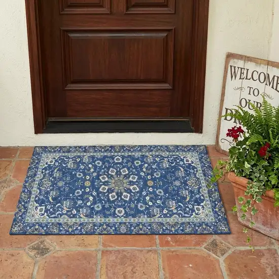 Blue And Silver Oriental Washable Indoor Outdoor Area Rug Photo 1