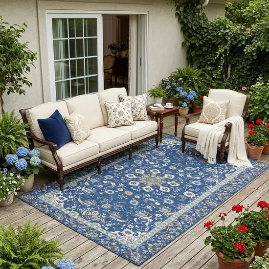 Blue And Silver Oriental Washable Indoor Outdoor Area Rug Photo 1
