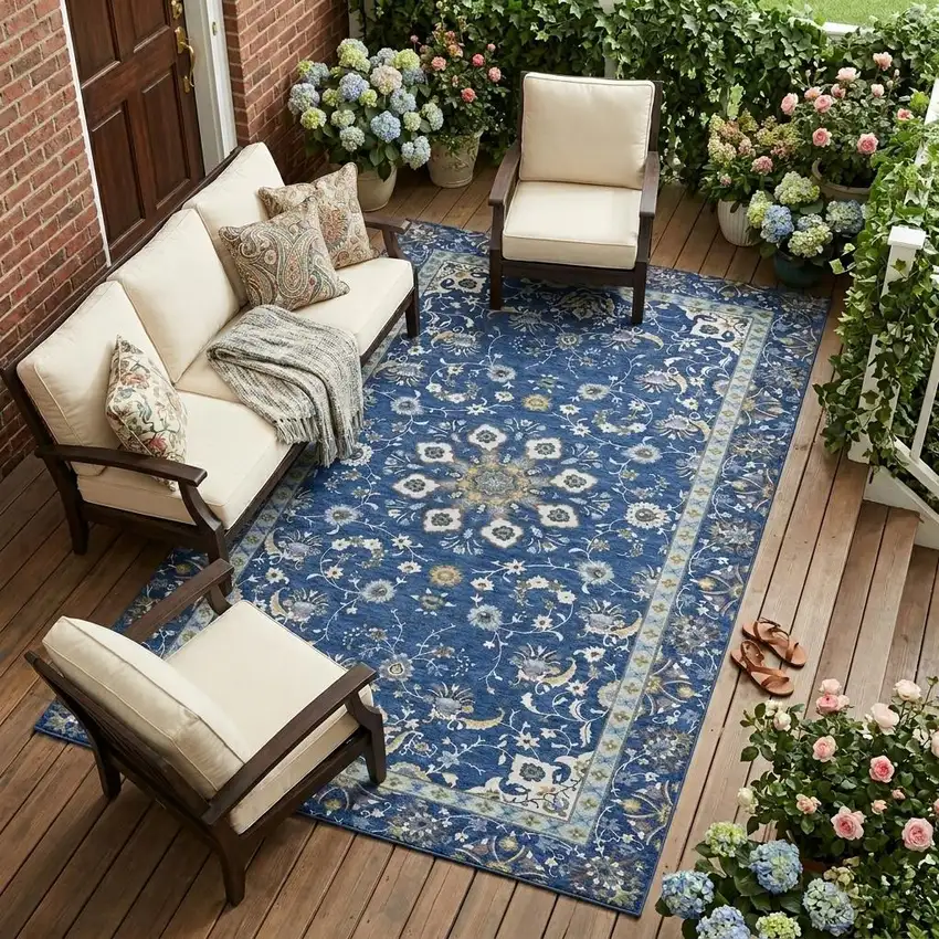 Blue And Silver Oriental Washable Indoor Outdoor Area Rug Photo 1