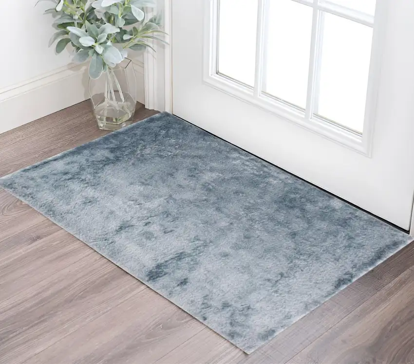 Blue And Silver Shag Tufted Handmade Area Rug Photo 1