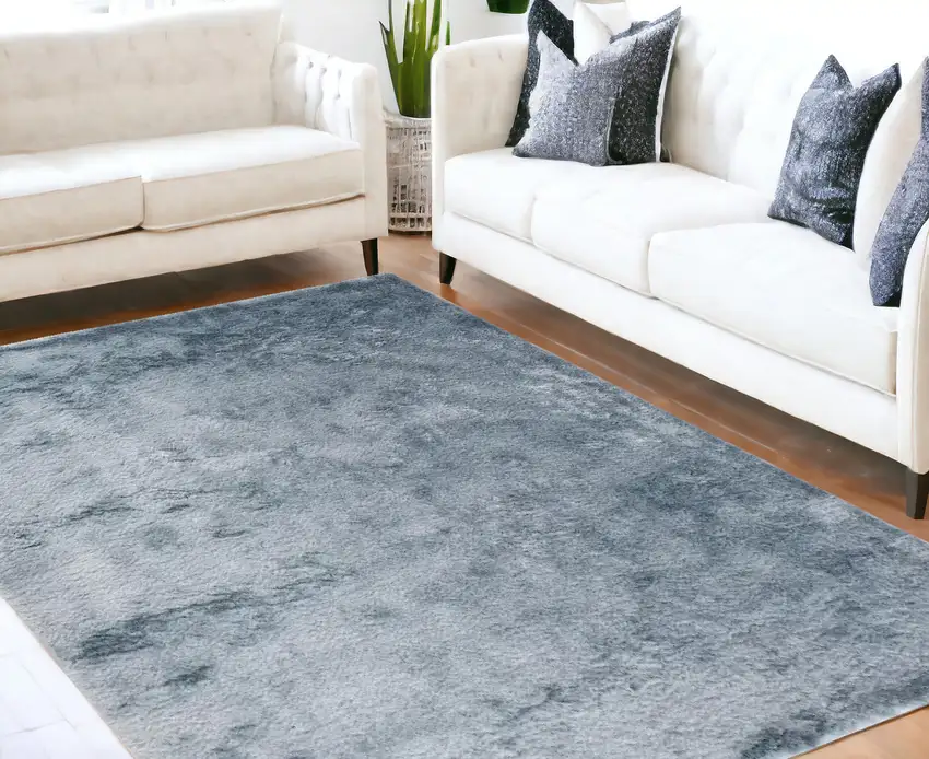 Blue And Silver Shag Tufted Handmade Area Rug Photo 1
