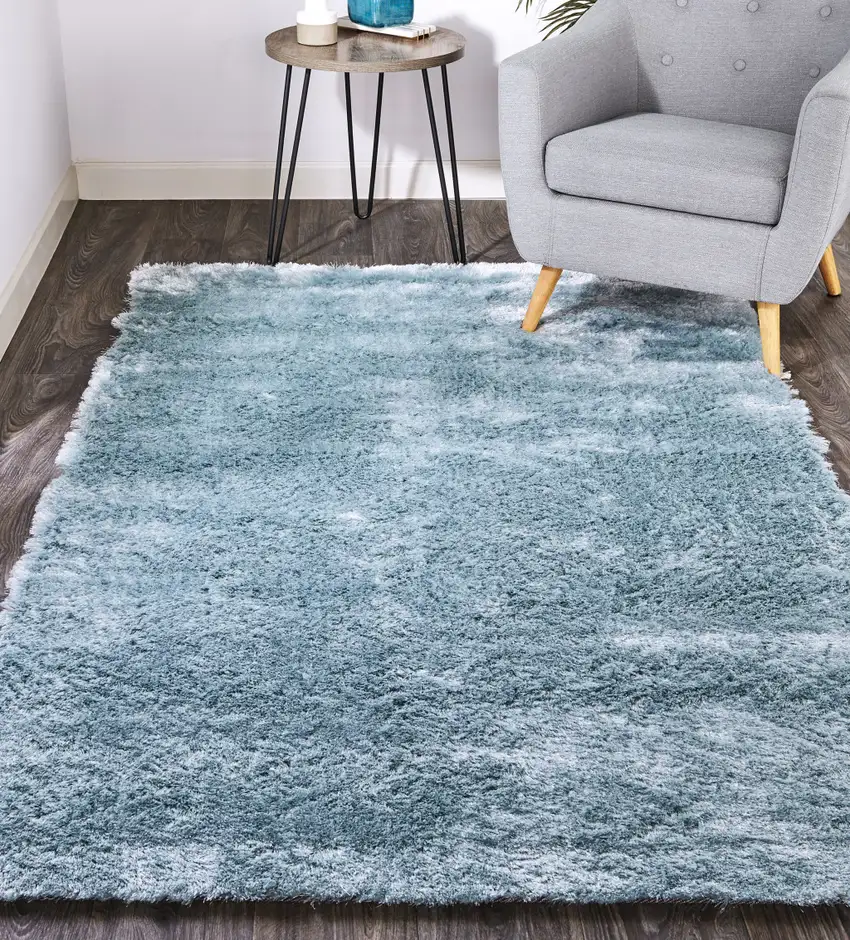 Blue And Silver Shag Tufted Handmade Area Rug Photo 7