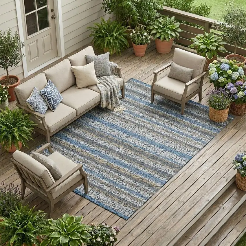 Blue And Silver Striped Washable Indoor Outdoor Area Rug Photo 1
