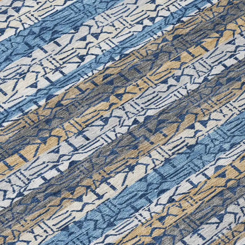 Blue And Silver Striped Washable Indoor Outdoor Area Rug Photo 4
