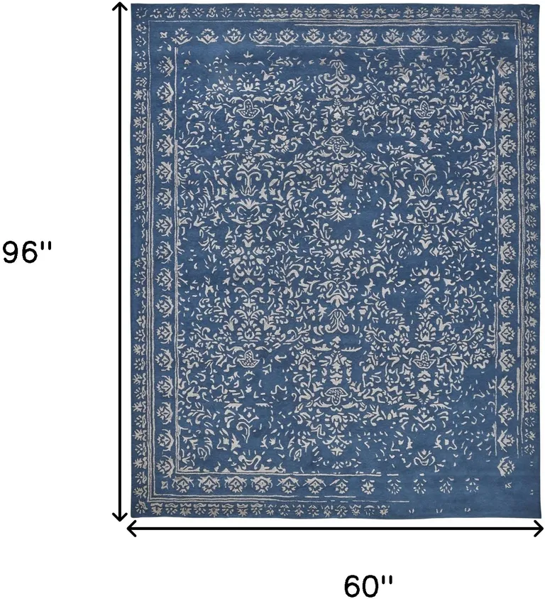 Blue And Silver Wool Floral Tufted Handmade Distressed Area Rug Photo 4