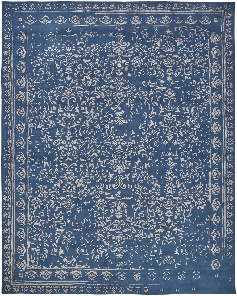 Blue And Silver Wool Floral Tufted Handmade Distressed Area Rug Photo 1