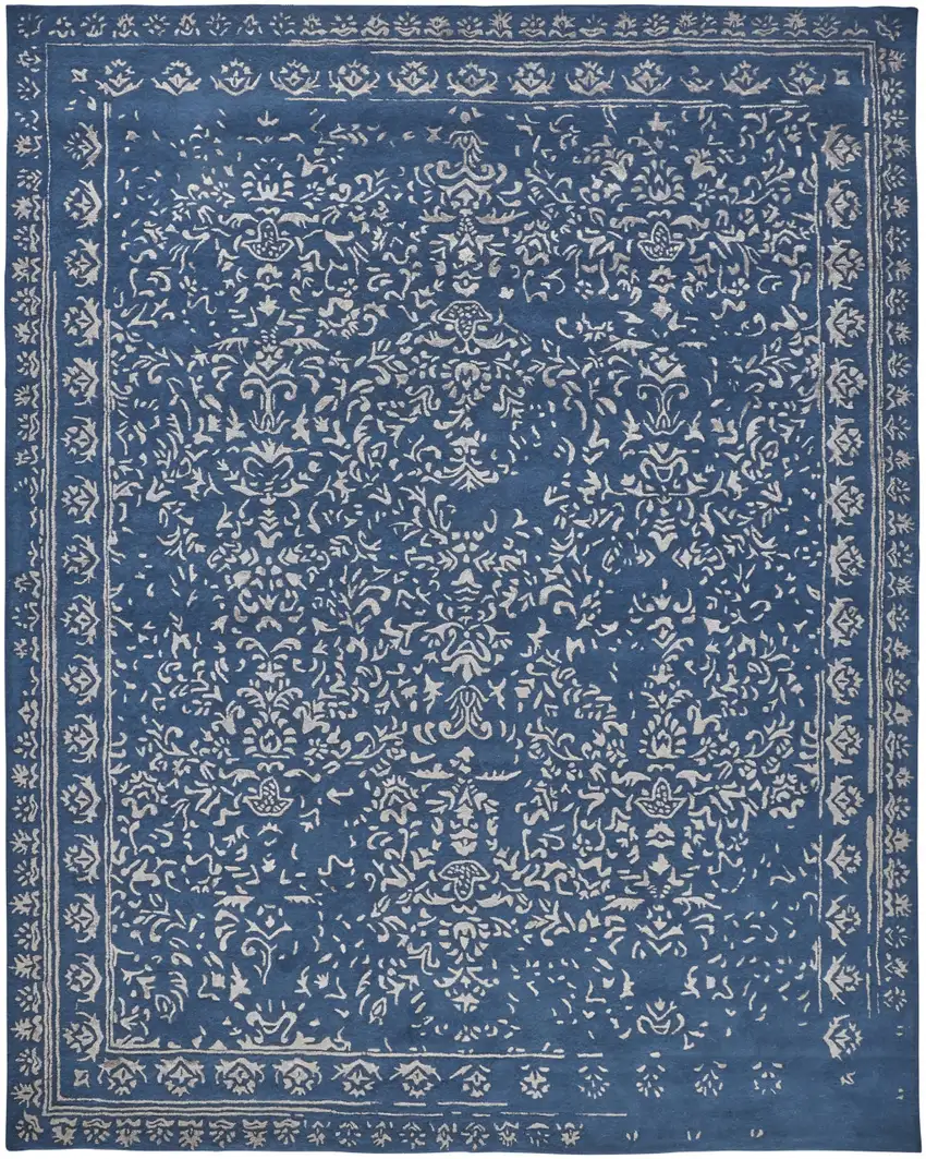 Blue And Silver Wool Floral Tufted Handmade Distressed Area Rug Photo 1