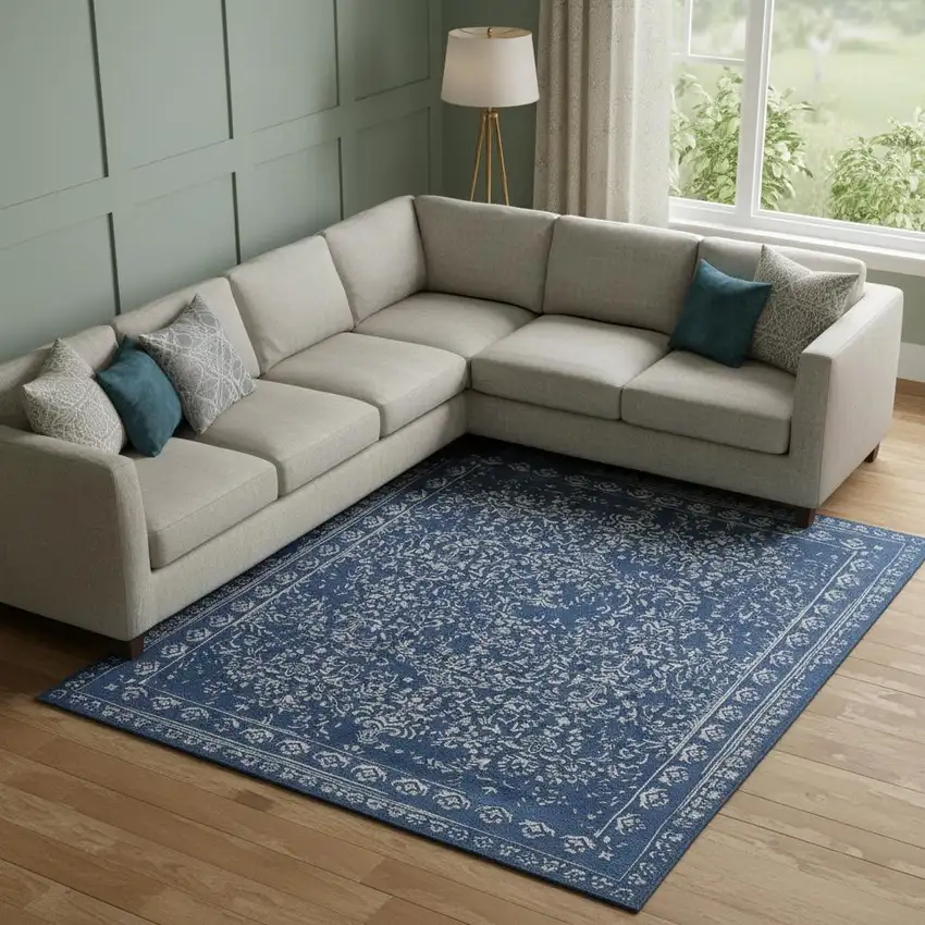 Blue And Silver Wool Floral Tufted Handmade Distressed Area Rug Photo 1