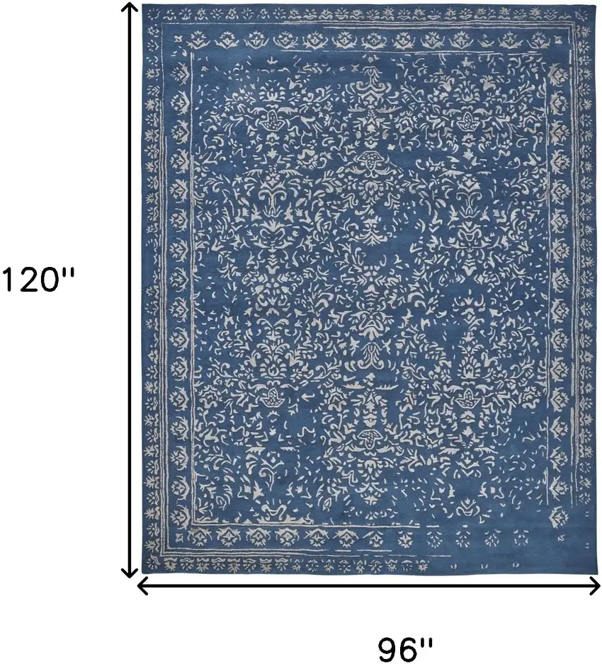 Blue And Silver Wool Floral Tufted Handmade Distressed Area Rug Photo 6
