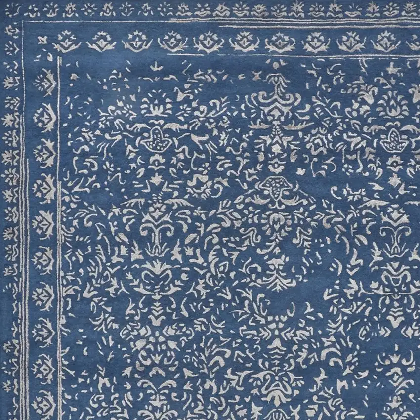 Blue And Silver Wool Floral Tufted Handmade Distressed Area Rug Photo 4