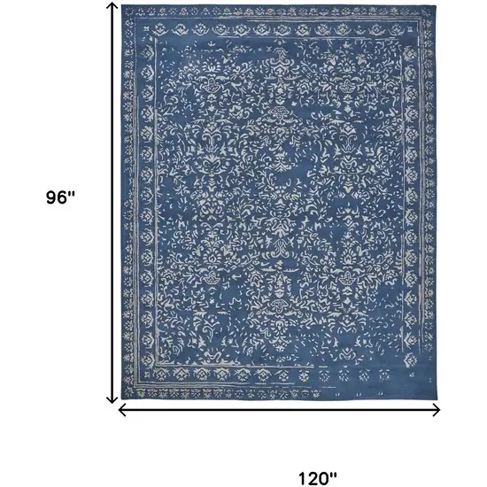 Blue And Silver Wool Floral Tufted Handmade Distressed Area Rug Photo 3