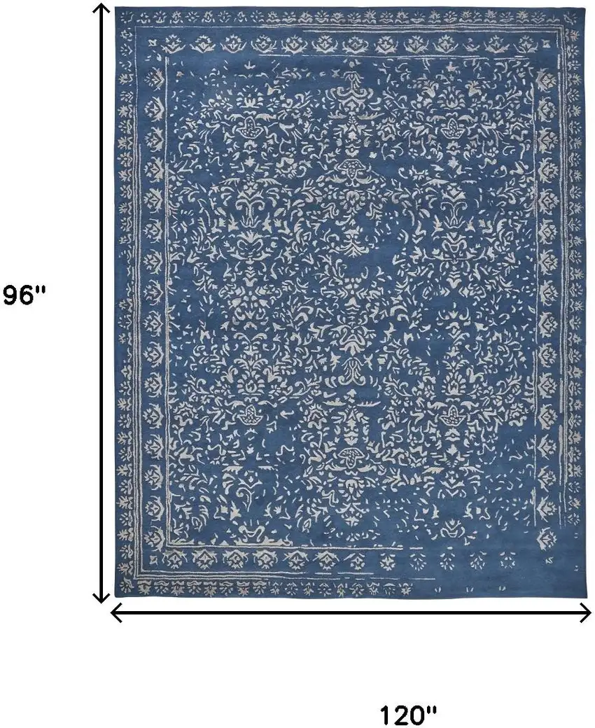 Blue And Silver Wool Floral Tufted Handmade Distressed Area Rug Photo 3