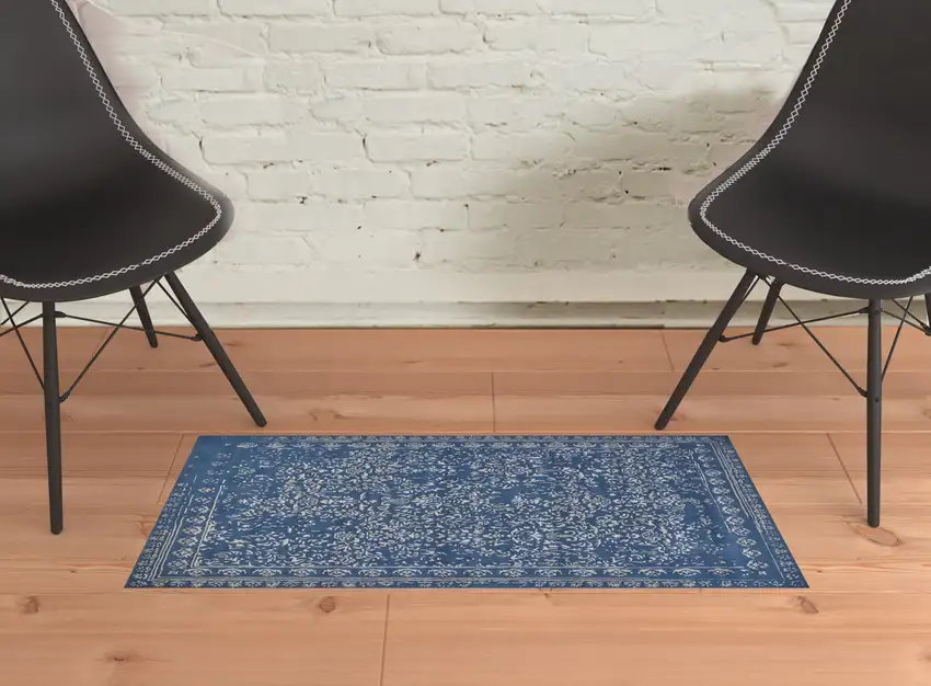 Blue And Silver Wool Floral Tufted Handmade Distressed Area Rug Photo 2