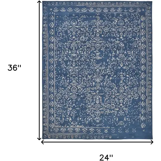 Blue And Silver Wool Floral Tufted Handmade Distressed Area Rug Photo 10