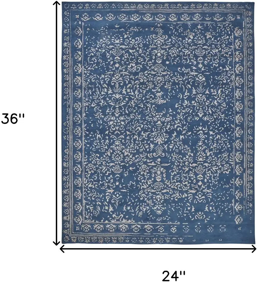 Blue And Silver Wool Floral Tufted Handmade Distressed Area Rug Photo 10