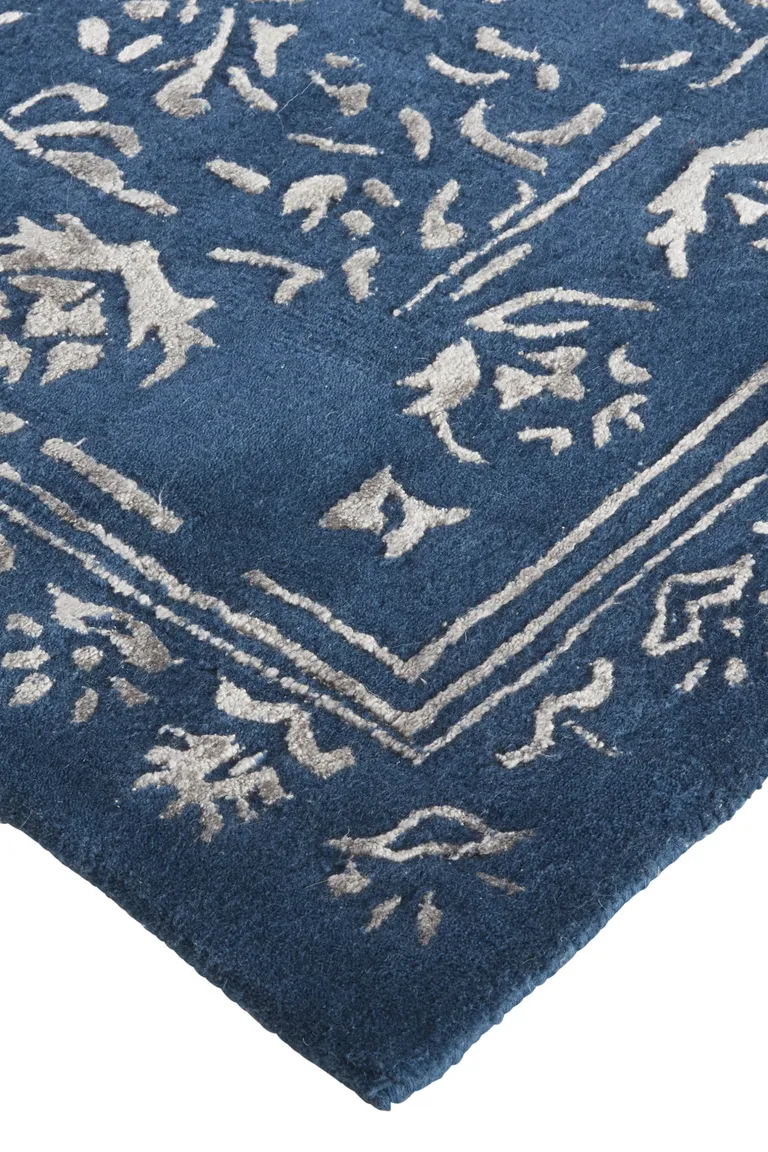 Blue And Silver Wool Floral Tufted Handmade Distressed Area Rug Photo 4