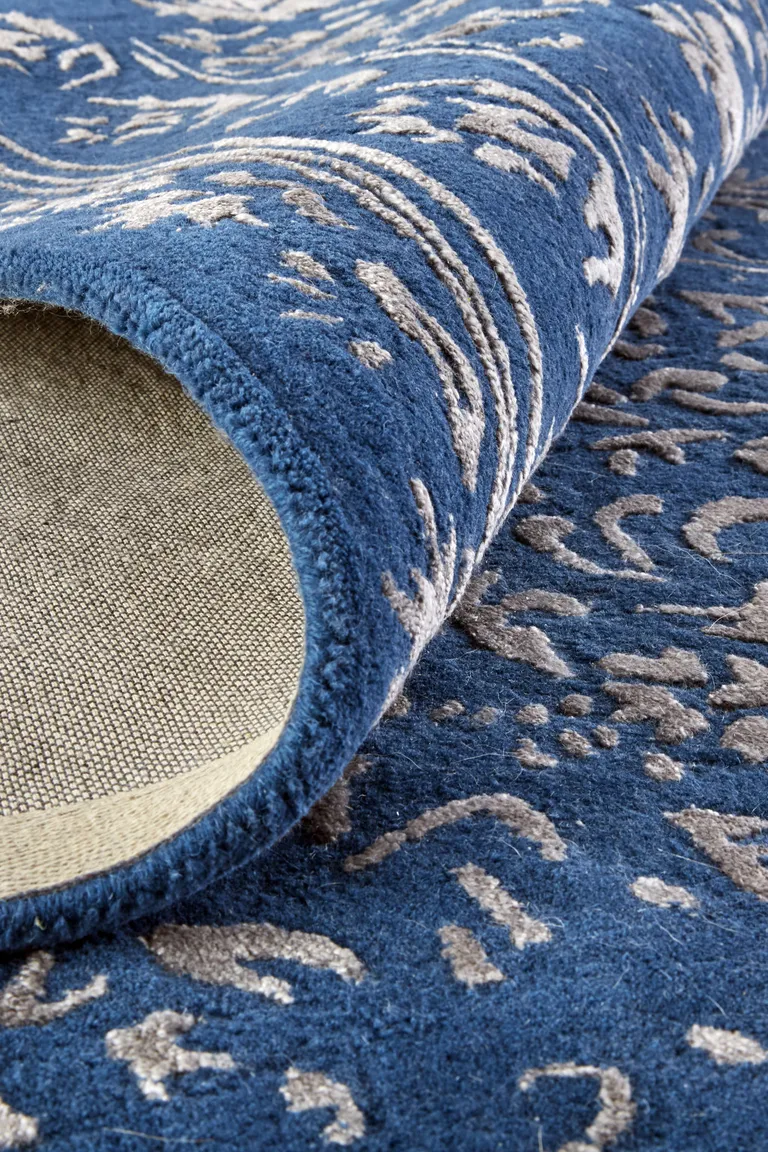 Blue And Silver Wool Floral Tufted Handmade Distressed Area Rug Photo 5