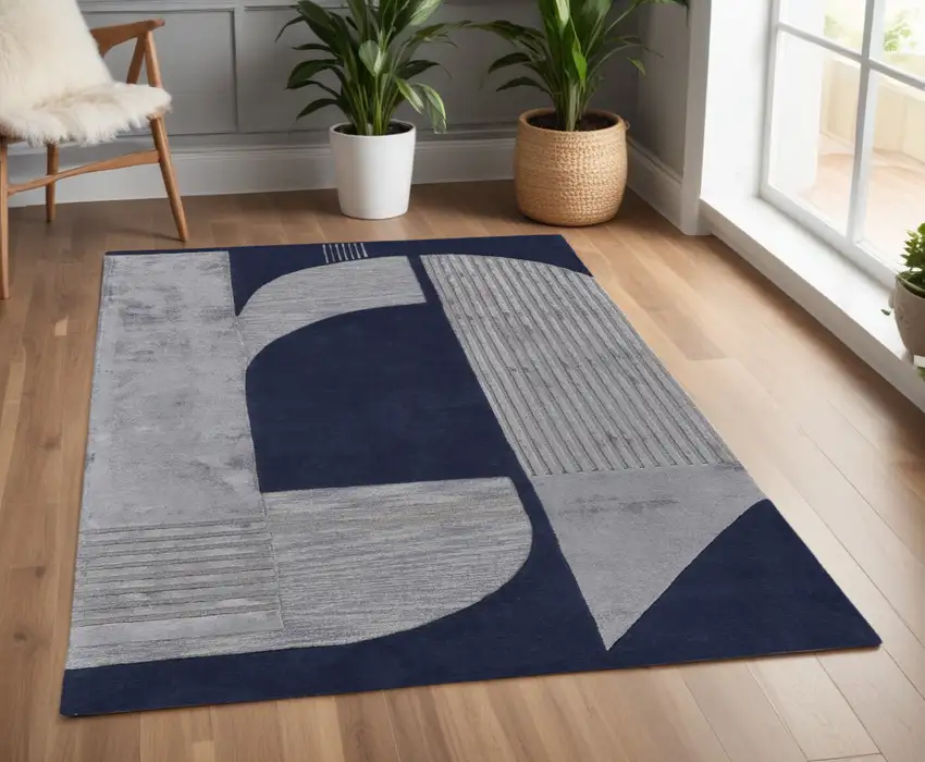 Blue and Silver Wool Geometric Hand Tufted Area Rug Photo 1