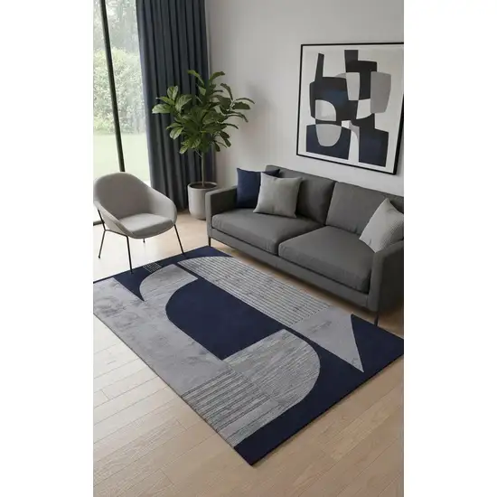 Blue And Silver Wool Geometric Tufted Handmade Area Rug Photo 1