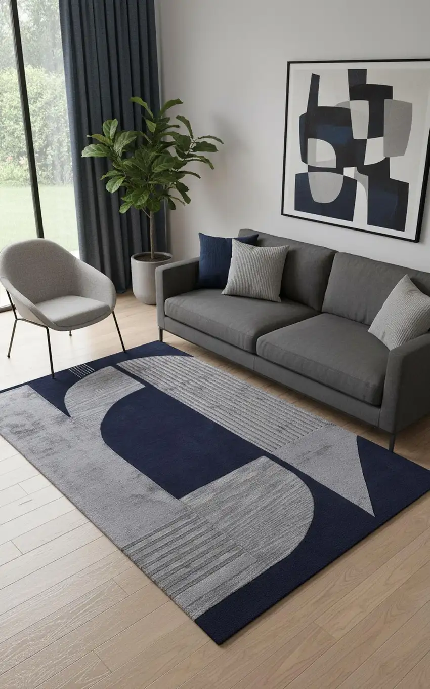 Blue And Silver Wool Geometric Tufted Handmade Area Rug Photo 1