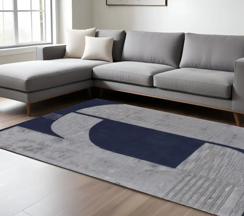 Blue And Silver Wool Geometric Tufted Handmade Area Rug Photo 1