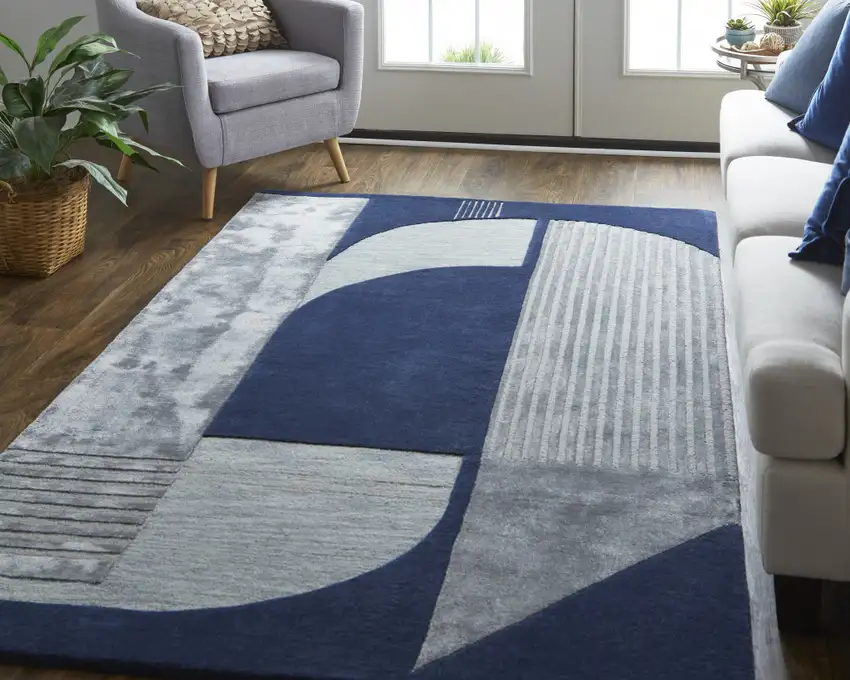 Blue And Silver Wool Geometric Tufted Handmade Area Rug Photo 5