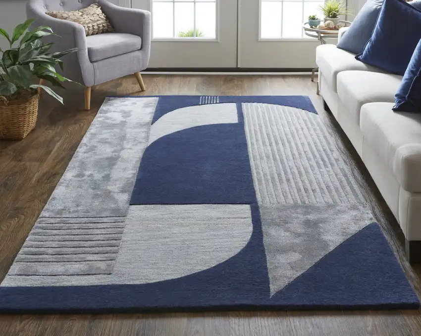 Blue And Silver Wool Geometric Tufted Handmade Area Rug Photo 4