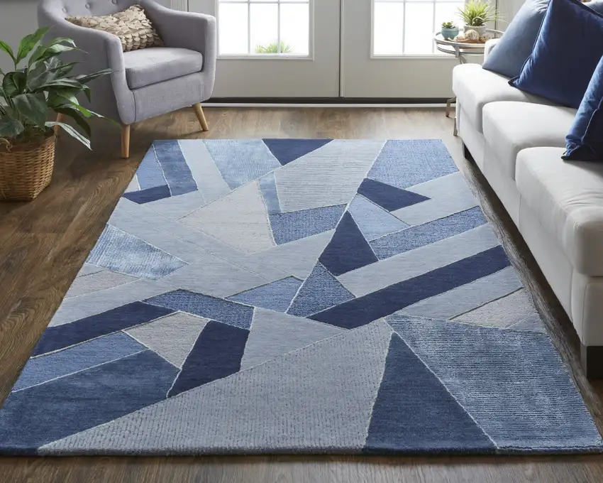 Blue And Silver Wool Geometric Tufted Handmade Area Rug Photo 5