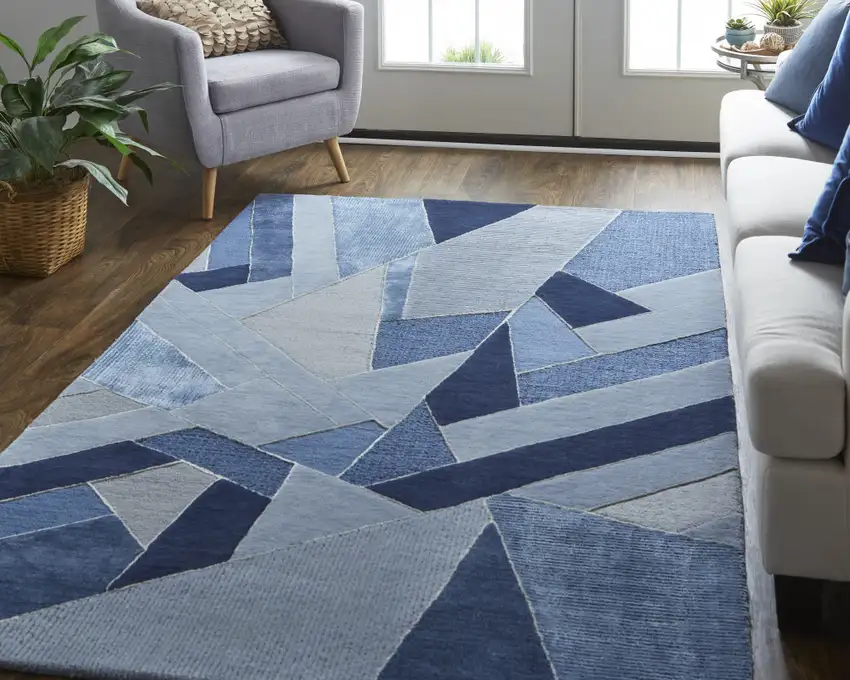Blue And Silver Wool Geometric Tufted Handmade Area Rug Photo 6