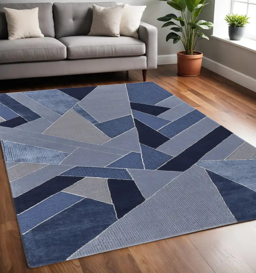 Blue And Silver Wool Mosaic Hand Tufted Area Rug Photo 1