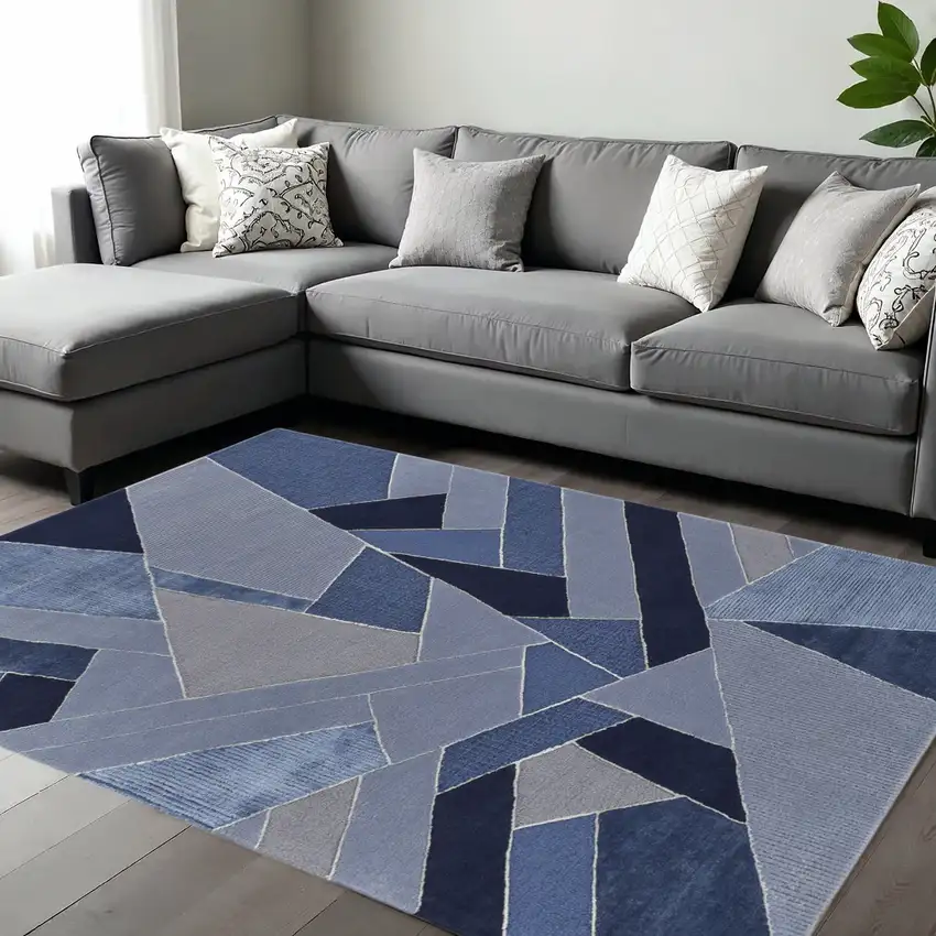 Blue And Silver Wool Mosaic Hand Tufted Area Rug Photo 1