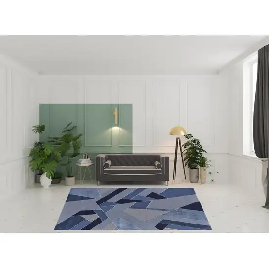 Blue And Silver Wool Geometric Tufted Handmade Area Rug Photo 2