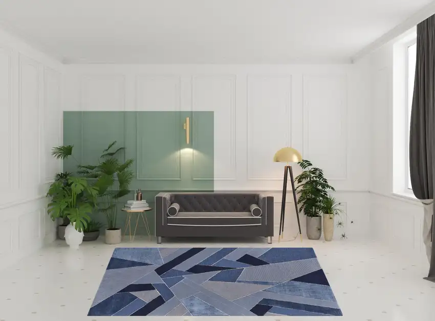 Blue And Silver Wool Geometric Tufted Handmade Area Rug Photo 2