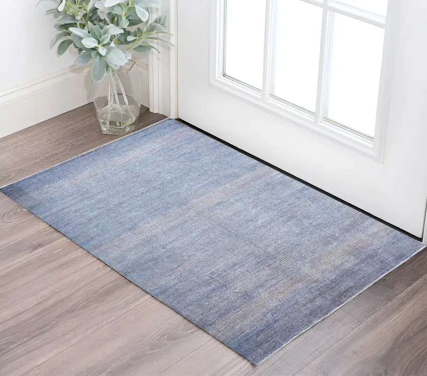 Blue and Silver Wool Striped Hand Knotted Area Rug Photo 2