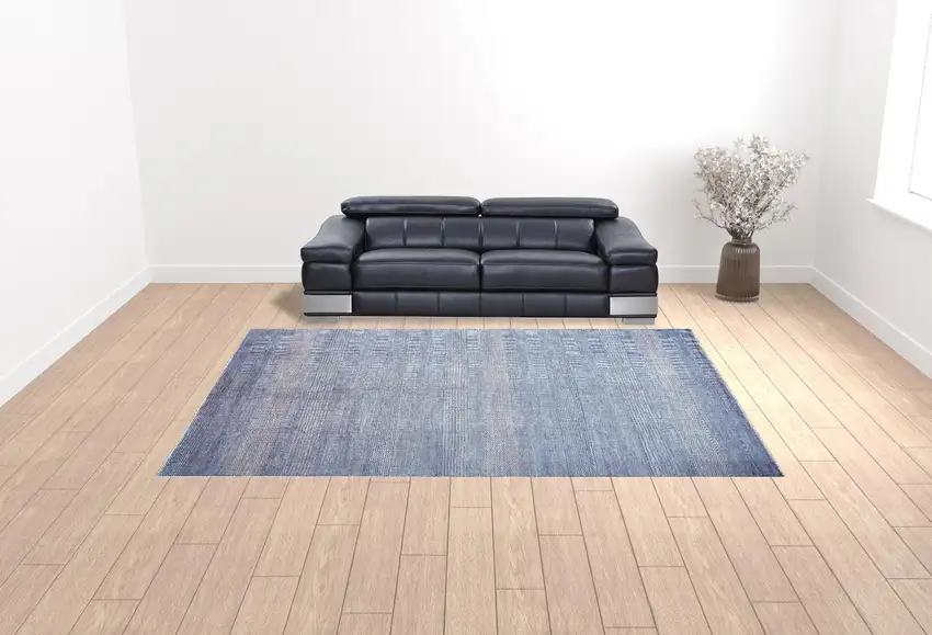 Blue And Silver Wool Striped Hand Knotted Area Rug Photo 2