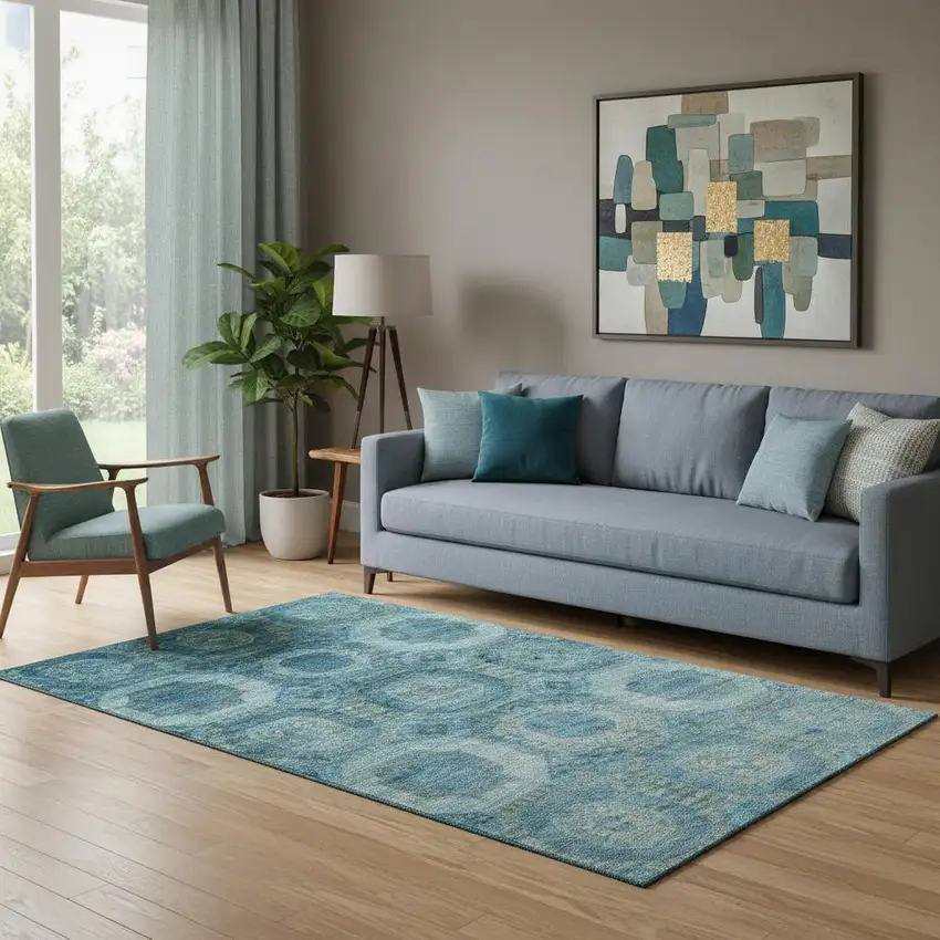 Blue And Sky Blue Abstract Geometric Washable Area Rug With UV Protection Photo 2