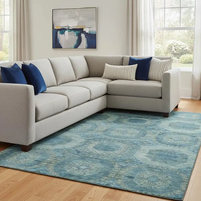 Blue And Sky Blue Abstract Geometric Washable Area Rug With UV Protection Photo 2