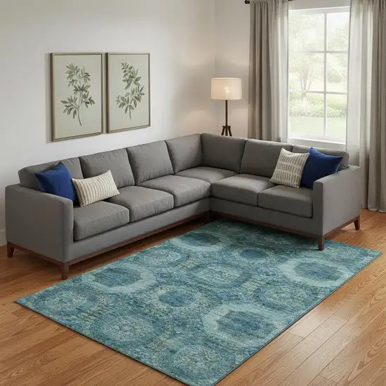 Blue And Sky Blue Abstract Geometric Washable Area Rug With UV Protection Photo 2