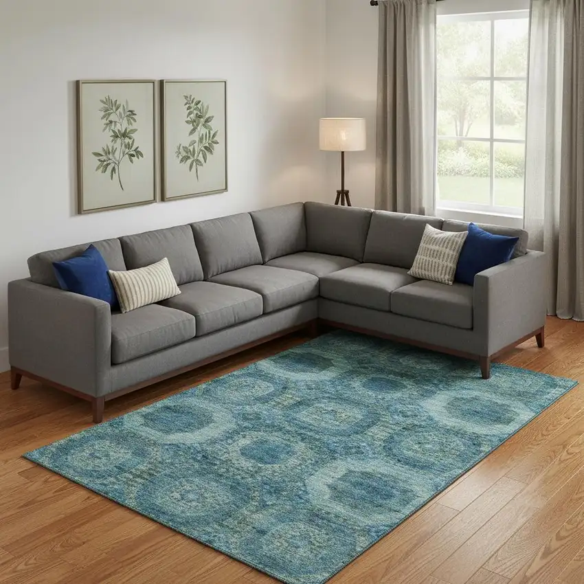 Blue And Sky Blue Abstract Geometric Washable Area Rug With UV Protection Photo 2