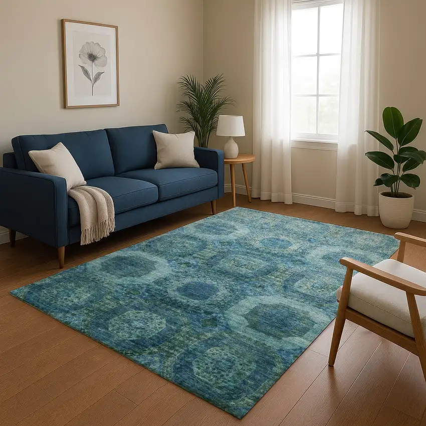 Blue And Sky Blue Abstract Geometric Washable Area Rug With UV Protection Photo 5