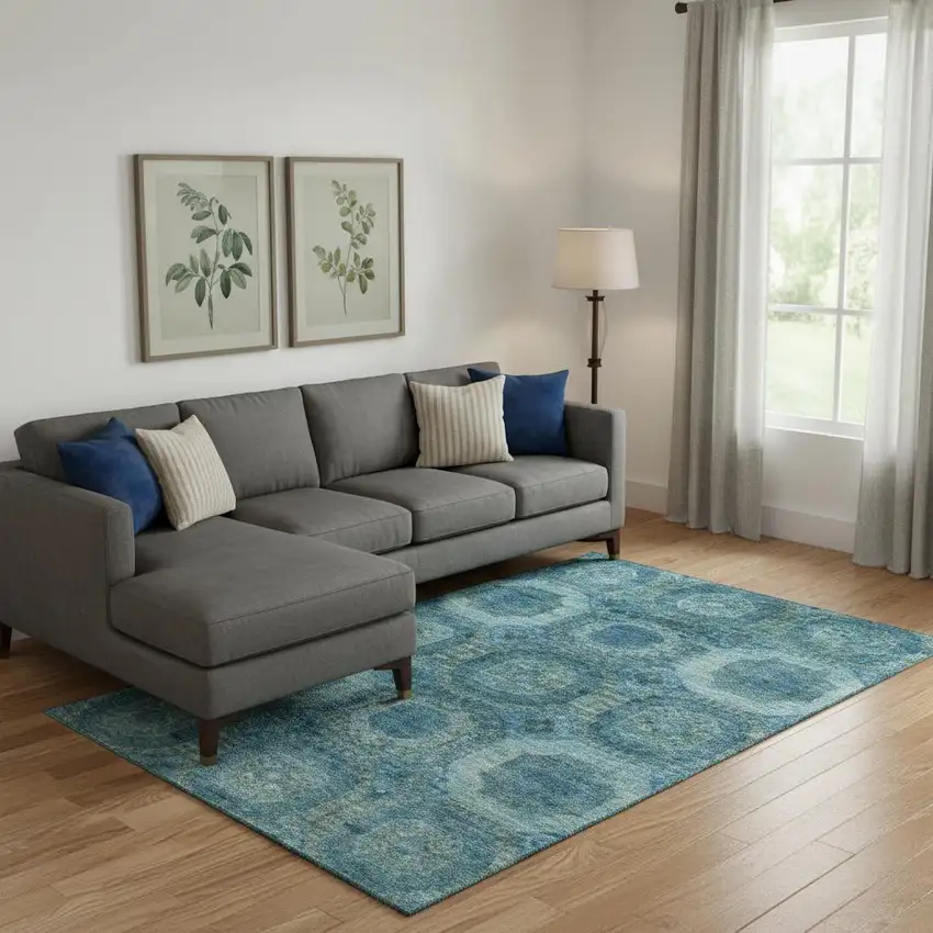 Blue And Sky Blue Abstract Geometric Washable Area Rug With UV Protection Photo 2