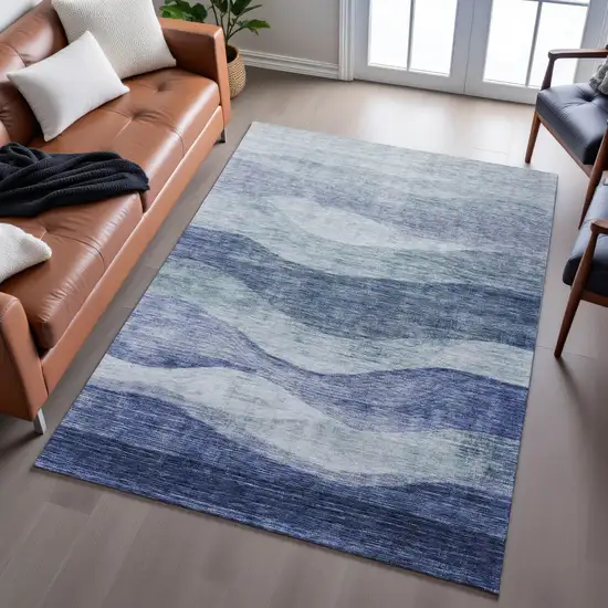 Blue And Sky Blue Abstract Washable Area Rug With UV Protection Photo 4